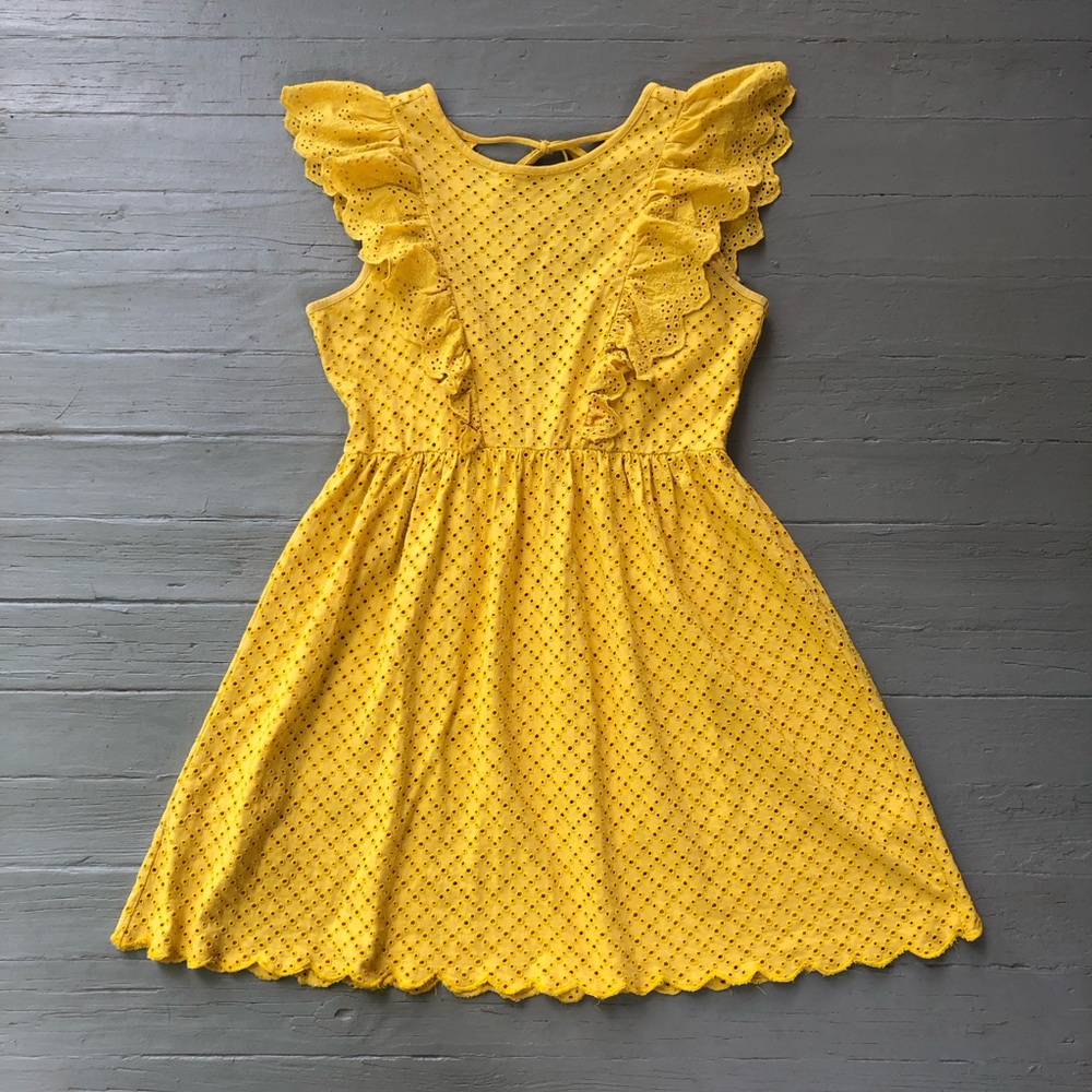 ASOS Broderie Eyelet Mini Dress Size 6 Yellow Ruffle Babydoll Back Tie Flutter
